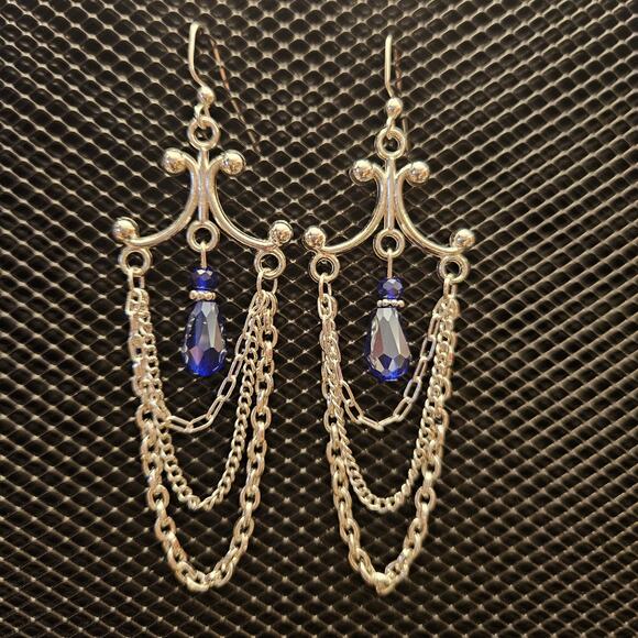 Hand Crafted Jewelry - Silver chain and cobalt blue teardrop chandelier earrings